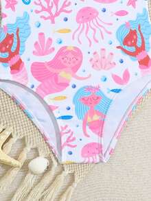 Young Girl Cute Sweet Cartoon Mermaid Seahorse Ocean Print Round Neck One-Piece Swimsuit Summer Beach Party - Baby Pink - View 5
