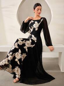 Graceveil Black Embroidered Contrast Mesh Elegant Fashionable Evening Ball Gown Long Dress For Women - Black - View 8