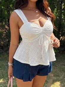 SHEIN EZwear White Casual Plus Size Lace-Up Top For Women - White - View 4