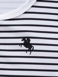 SHEIN Girls' Simple Casual Luxury Pony Print Set, Striped Half-Button Short Sleeve T-Shirt + Solid Color Wide Leg Pants 2-Piece Set, Spring/Summer Daily Streetwear - Black and White - View 5