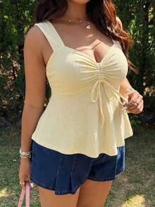 SHEIN EZwear Plus Size Women's Solid Color Butter Yellow Ruched Bust Bow Tie Decor Wide Shoulder Strap V-Neck Cami Top Vacation Summer Cute - Apricot - View 8