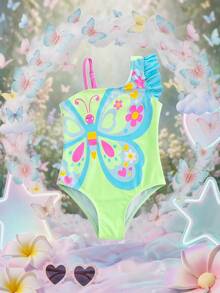SHEIN 少女蝴蝶花卉印花可愛連身泳衣 - 彩色 - 查看 3