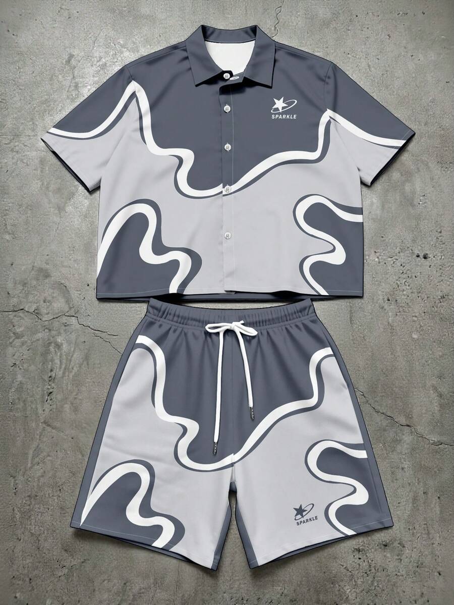 Manfinity EMRG Conjunto de camisa de manga corta y pantalones cortos con cordón de color bloque para hombres - Multicolor - Ver 1