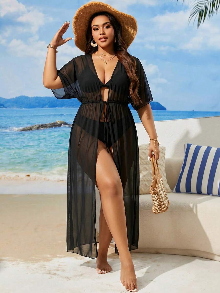 Swim Lushoire 2026 New Summer Beach Solid Black Plus Size Kimono - Black - View 1