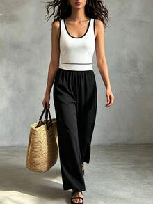 SHEIN Franclia Women's Casual Round Neck Sleeveless Fitted Wide Leg Pants Outdoor Holiday Travel Daily Wear 2 Pieces Set Vacation White Black Summer - Black - View 1