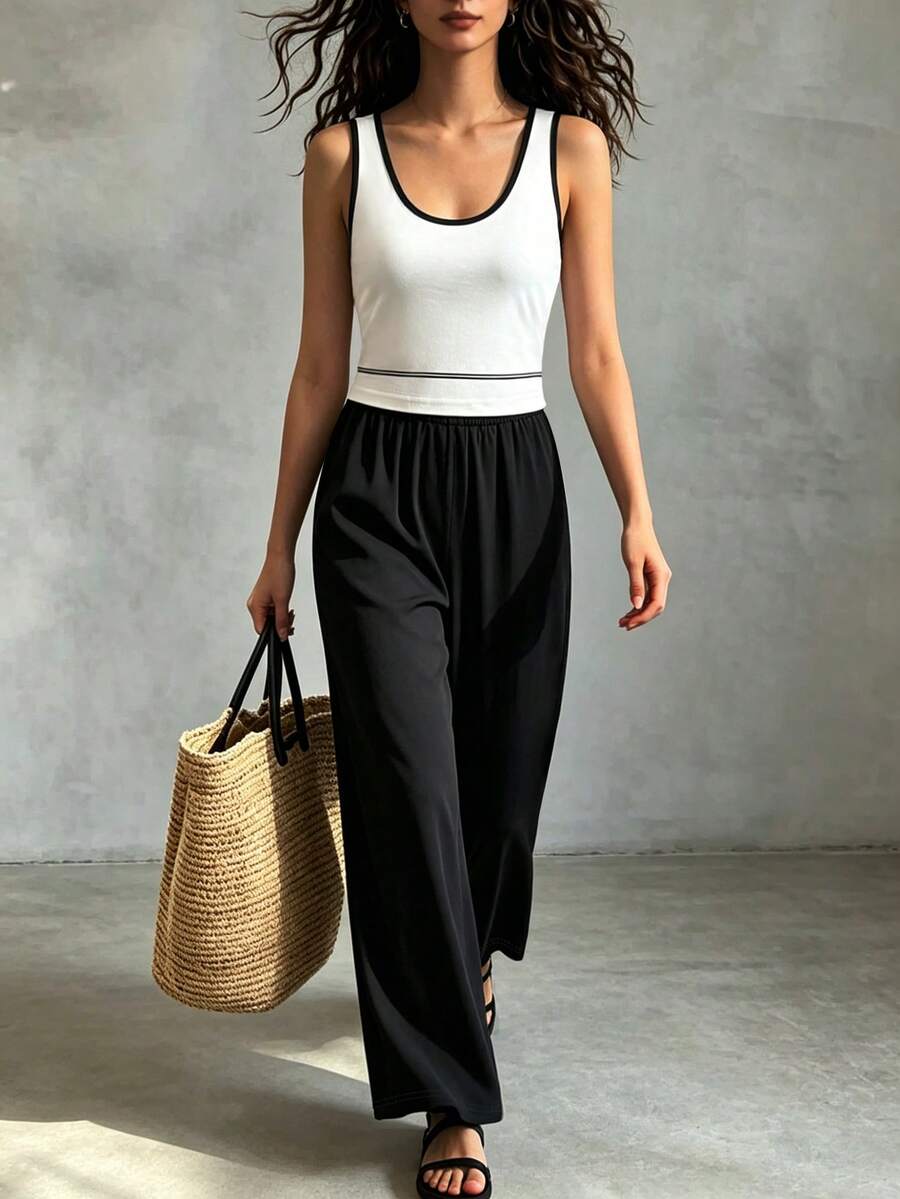 SHEIN Franclia Women's Casual Round Neck Sleeveless Fitted Wide Leg Pants Outdoor Holiday Travel Daily Wear 2 Pieces Set Vacation White Black Summer - Black - View 1