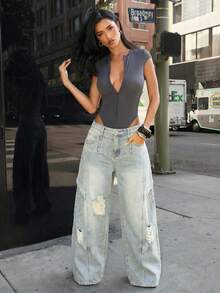 Denimoi Women's Distressed Fashion Summer Casual Versatile Denim Jeans With Pockets - Light Wash - View 4