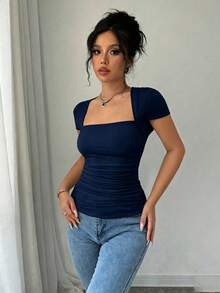 Rafferiza 時尚修身肩袖U領腰部抓皺高彈力針織白色春夏女款T恤 - 藏蓝色 - 查看 4