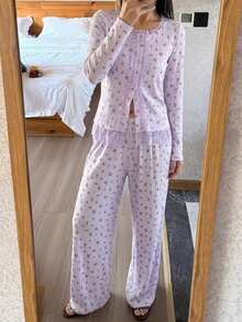 DAZY Floral Lace Ruffle Trim Patchwork 2pcs Women's Pajama Set - Mauve Purple - View 6