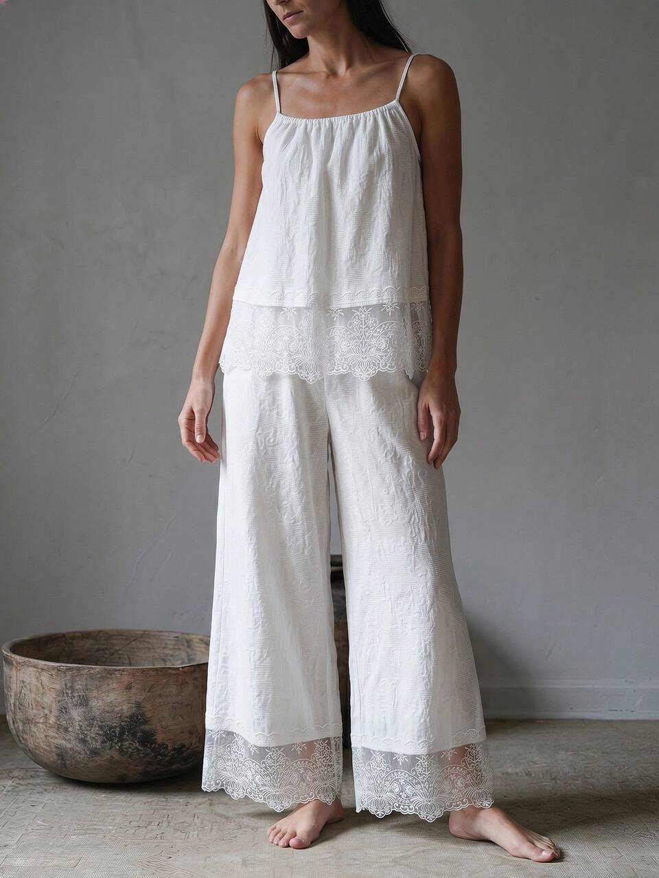 Summer Romantic Vacation Floral Textured Fabric Lace Patchwork Sleeveless Top & Long Pants Women's Pajama Set