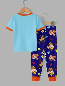 SHEIN | PAW Patrol 小男孩圓領卡通印花短袖上衣與長褲休閒日常居家睡衣套裝 - 彩色 - 查看 4