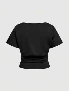 SHEIN MOD Plus Size Women's Knitted Waist-Cinching T-Shirt, Reversible, Elegant Commute, Cowl-Neck Top, Summer, Casual Blouses, Black Date Night - Black - View 3