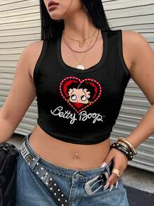 Betty Boop x SHEIN 大码极简印花无袖露脐背心 - 黑色 - 查看 1