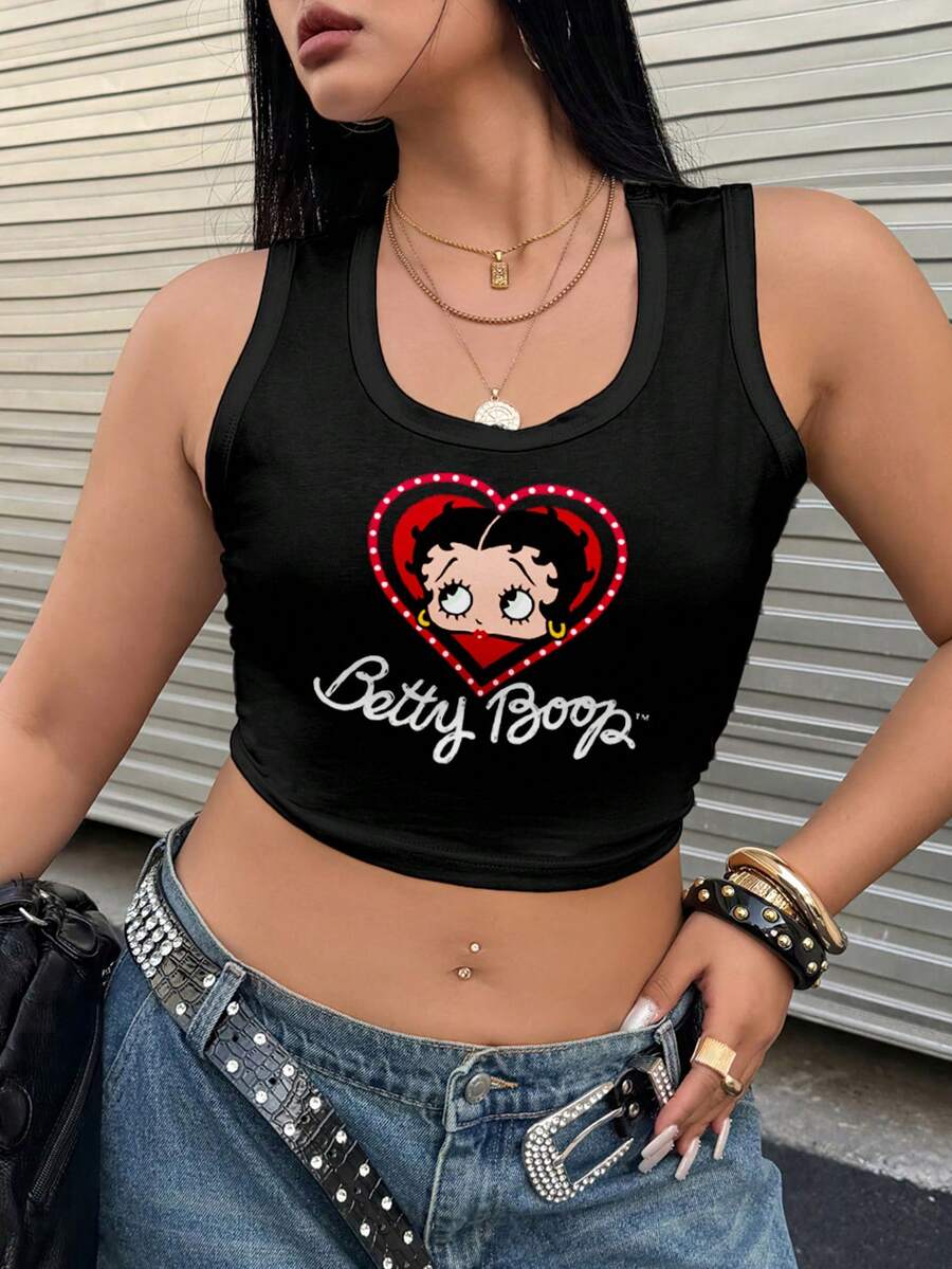 Betty Boop x SHEIN 大码极简印花无袖露脐背心 - 黑色 - 查看 1