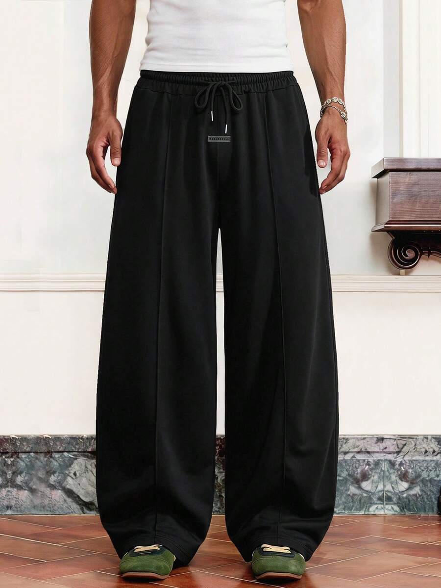 SWAVVY Men's Spring/Autumn Casual Loose Sweatpants Plain Standard Size Grey Patchwork Design,Loose Wide Legs,Baggy Pants - Black - View 1
