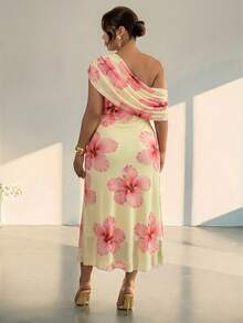 Firerie Plus Size Women's Off-Shoulder Floral Print Asymmetric Design Dress Vacation Wedding Guest Pink Summer Filipiniana Elegant - Multicolor - View 3