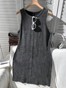 Comfortcana Casual Retro English Slogan Print Plus Size Women Round Neck Sleeveless Bodycon Dress, Suitable For Summer Gym Brown - Black - View 5