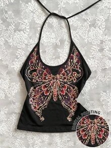 Glimmora Áo quây cổ yếm dáng casual dành cho nữ, đính sequin hình bướm. - màu đen - Xem 1