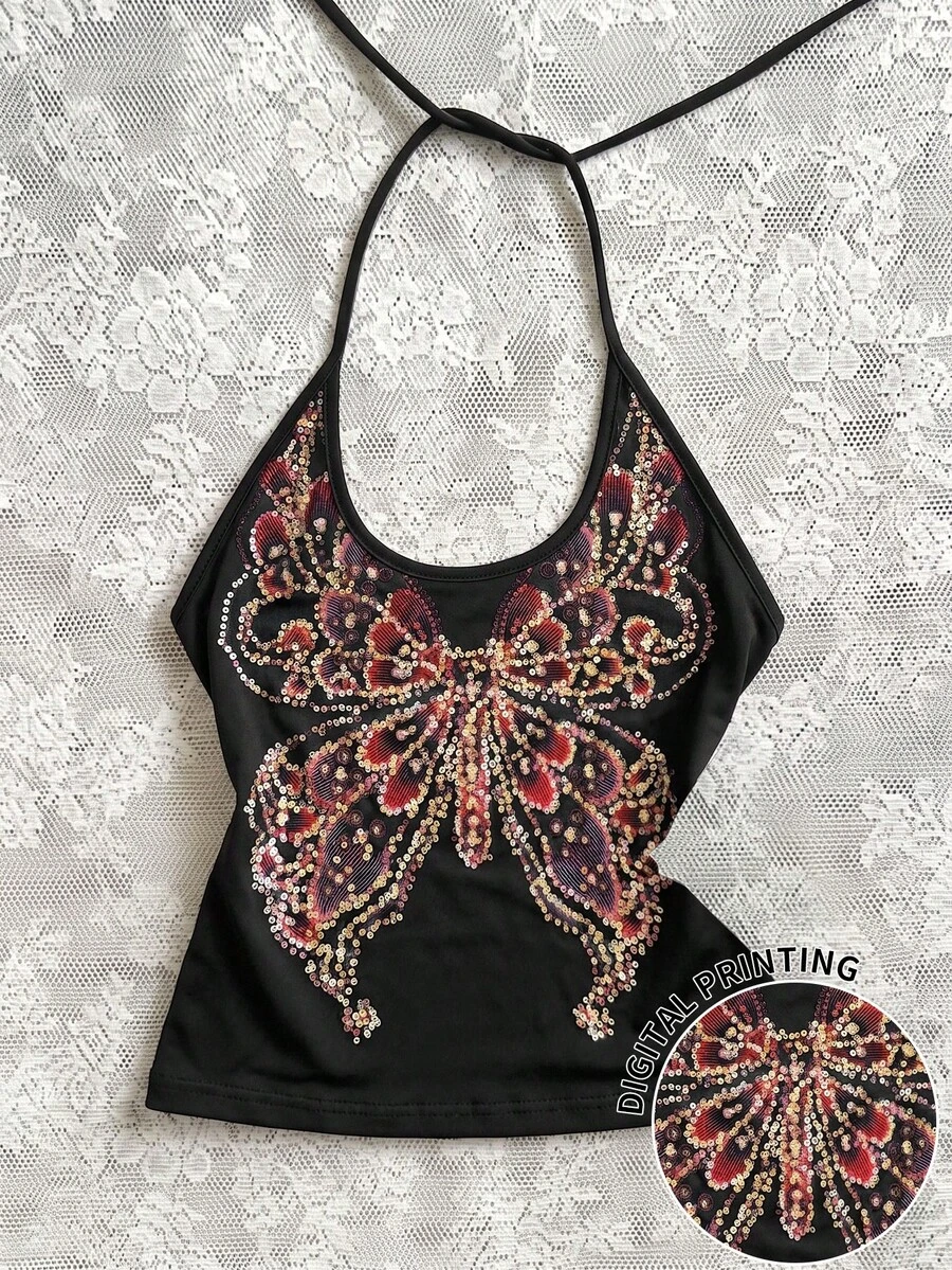 Glimmora Áo quây cổ yếm dáng casual dành cho nữ, đính sequin hình bướm. - màu đen - Xem 1