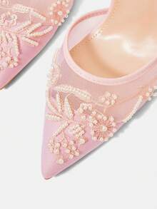 CUCCOO HITCHD 女款春夏優雅珍珠刺繡尖頭細高跟鞋 低鞋口網布 9cm 女鞋 日常約會派對婚禮適用 - 淺粉色A - 查看 5