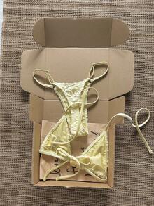 SHEIN Swim 2026春夏女款甜美度假比基尼泳衣兩件套，細肩帶掛脖設計，黃色花卉印花，附黃色配件 - 黃色 - 查看 2