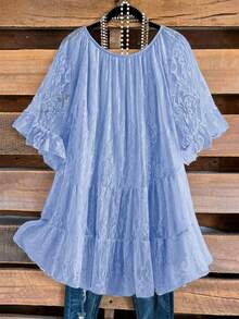Rusticease Plus Size Women's Round Neck Half Sleeve Solid Color Sweet Top - Blue - View 2