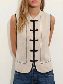 Nöista Sleeveless Top In A Soft Chambray-Blue Tone With A Mandarin Collar And Chinese Button Front. Contrast Purple Trim And Decorative Piping, Everyday Styling, Summer, Easter, Formal Event, Everyday. Spring. - Apricot - View 3
