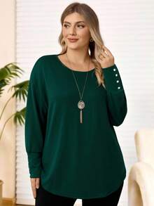Rosumi Women Plus Size Solid Color Round Neck Long Sleeve Casual T-Shirt, Autumn Fall - Dark Green - View 1