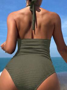 Swim Vcay 女款掛脖綁帶條紋圖案一件式泳衣 - 軍綠色 - 查看 2
