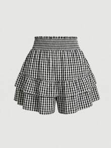 SHEIN LUNE Black & White Plaid Ruffle Hem Shorts, Slimming, Spring/Summer - Black and White - View 1