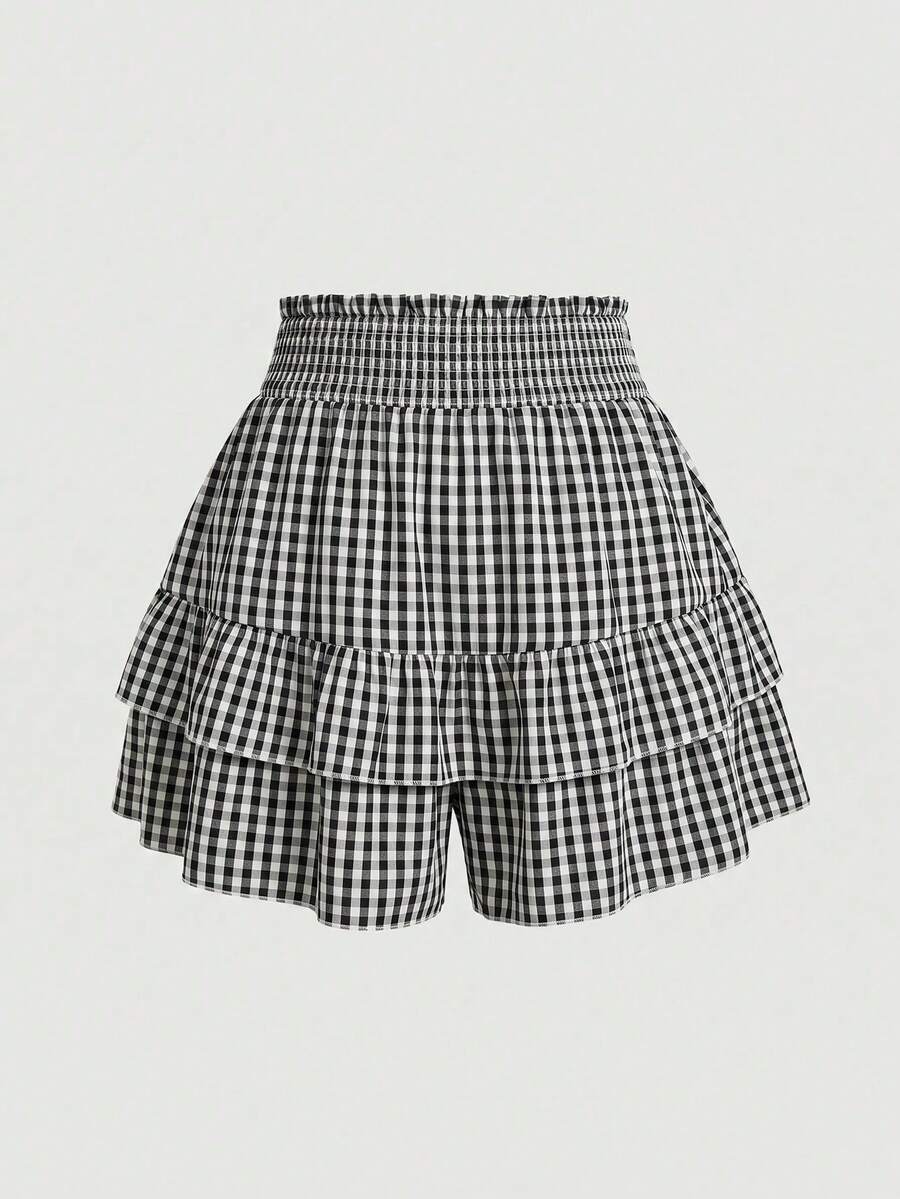 SHEIN LUNE Black & White Plaid Ruffle Hem Shorts, Slimming, Spring/Summer - Black and White - View 1