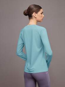 Activina Solid Color Round Neck Loose Fit Long Sleeve Sports T-Shirt, Spring/Summer - Blue - View 4