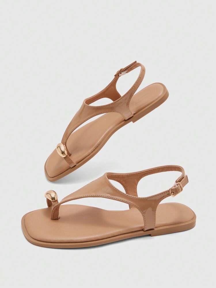 CUCCOO BIZCHIC Ladies Fashion Brown Pin Metal Buckle Small Square Toe Flat Sandals Comfortable Flat Sandals Slippers Suitable For Commuting Beach Vacation Ladies Flat Sandals