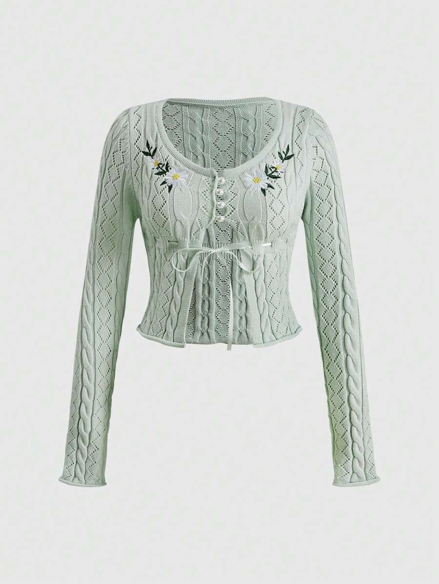 Sweetness Women's Spring/Autumn Casual Floral Embroidered Cardigan - Green - View 1