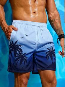 Manfinity KASUA Pantalones cortos de playa con estampado degradado de árbol de coco para hombres, vacaciones - azul real - Ver 4