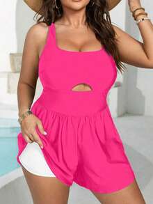 Swim Lushoire Casual Sports Square Neck Loose Fit Plus Size One-Piece Swimsuit - Hot Pink - View 2