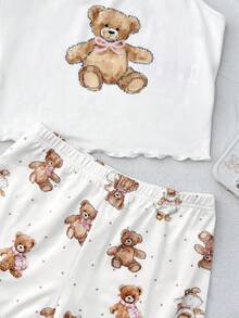 SHEIN 青少年女孩睡衣休閒簡約修身細肩帶上衣與短褲家居服適合夏季 - 白色 - 查看 5