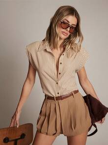 Hauture Women's Shirting Stripe Button Front Sleeveless Blouse Office Wear - Apricot - View 1
