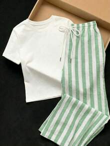 SHEIN EZwear 两件套休闲简约风白色圆领短袖上衣和绿色仿机械条纹印花长裤，适合春夏穿着。 - 彩色 - 查看 5