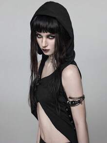ROMWE Goth Forbidden Art 女款連帽上衣 金屬扣飾 繫帶抽繩設計 不對稱下擺 破舊風 性感 - 黑色 - 查看 5
