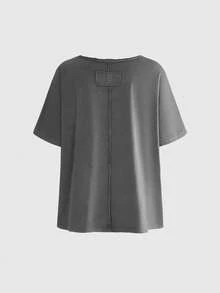 ROMWE Women's T-Shirt With Studs, Large Neckline, Frayed Hem, Washed Distressed, Loose Fit, Versatile, Vintage Casual Style Going Out Light Grey Summer - Grey - View 2
