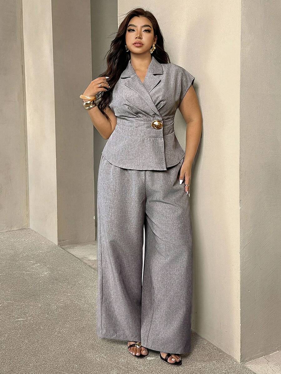 Auralis Elegant Commuter Formal Set Crossover Wrap-Style V-Neck Drop-Shoulder Short-Sleeved Plus-Size Top Straight-Leg Trousers Office Gray Fall/Winter - Khaki - View 1