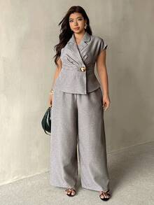 Auralis Elegant Commuter Formal Set Crossover Wrap-Style V-Neck Drop-Shoulder Short-Sleeved Plus-Size Top Straight-Leg Trousers Office Gray Fall/Winter - Khaki - View 7