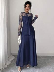 Modelyn French Design Lace Patchwork Bowknot Women's Long Dress - Navy Blue - View 5