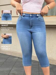 SHEIN Unity Celana Jeans Denim Kasual Musim Panas Slim Fit Wanita Ukuran Plus dengan Kantong Miring - Light Wash - View 1