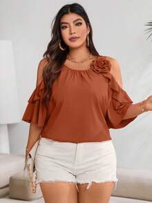 Vionelle Plus Cold Shoulder Ruffle Trim Blouse For Summer For New Year Clothes - Rust Brown - View 1