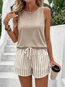 EMERY ROSE Plus Size Sleeveless White Print Shorts Set, Casual Tropical For Outdoor Holiday, Spring/Summer Vacation - Khaki - View 5