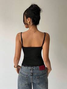 Aloruh 95%純棉女款夏季休閒日常通勤極簡百搭素色對比蕾絲修身短版2件組吊帶背心上衣，百搭夏季2件組，女款休閒上衣，春季休閒背心上衣 - 彩色 - 查看 5