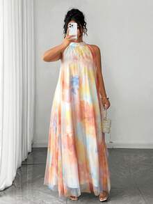 Elenzga Elegantes ärmelloses Maxikleid in Große Größen für Damen mit gewebtem Neckholder, Aquarellbindebatik-Farbverlaufsmuster und luftigem Mesh-Muster - Verschiedenfarbig - Übersicht 3