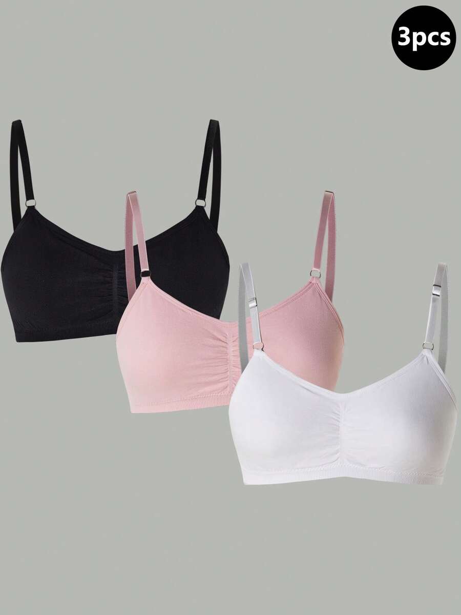 Teen Girl Solid Color Pleated Casual Daily Adjustable Strap Bra - Multicolor - View 1